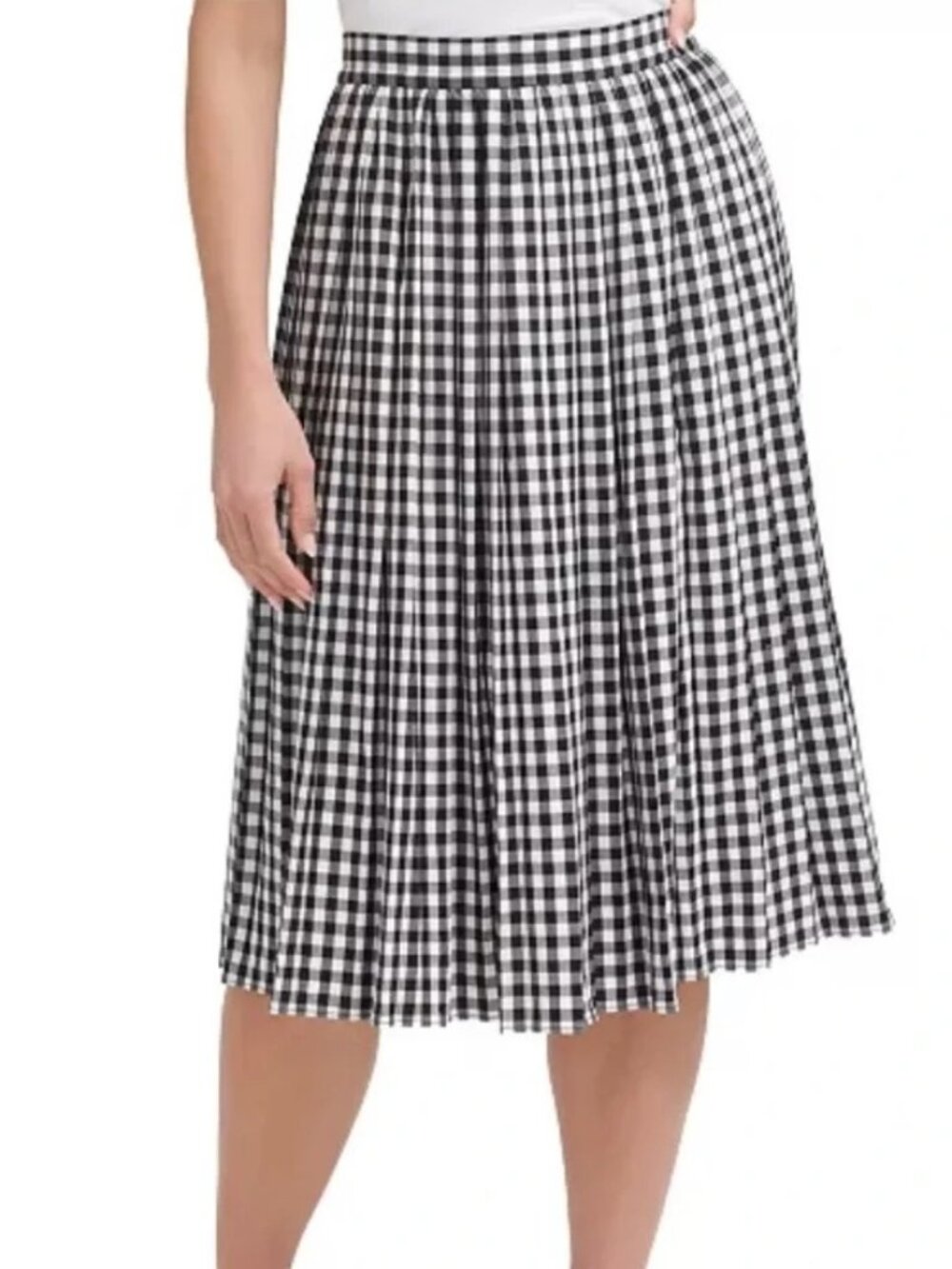 Calvin Klein Black White Gingham Twirl Skirt Pull On Elastic Waist Women's L
